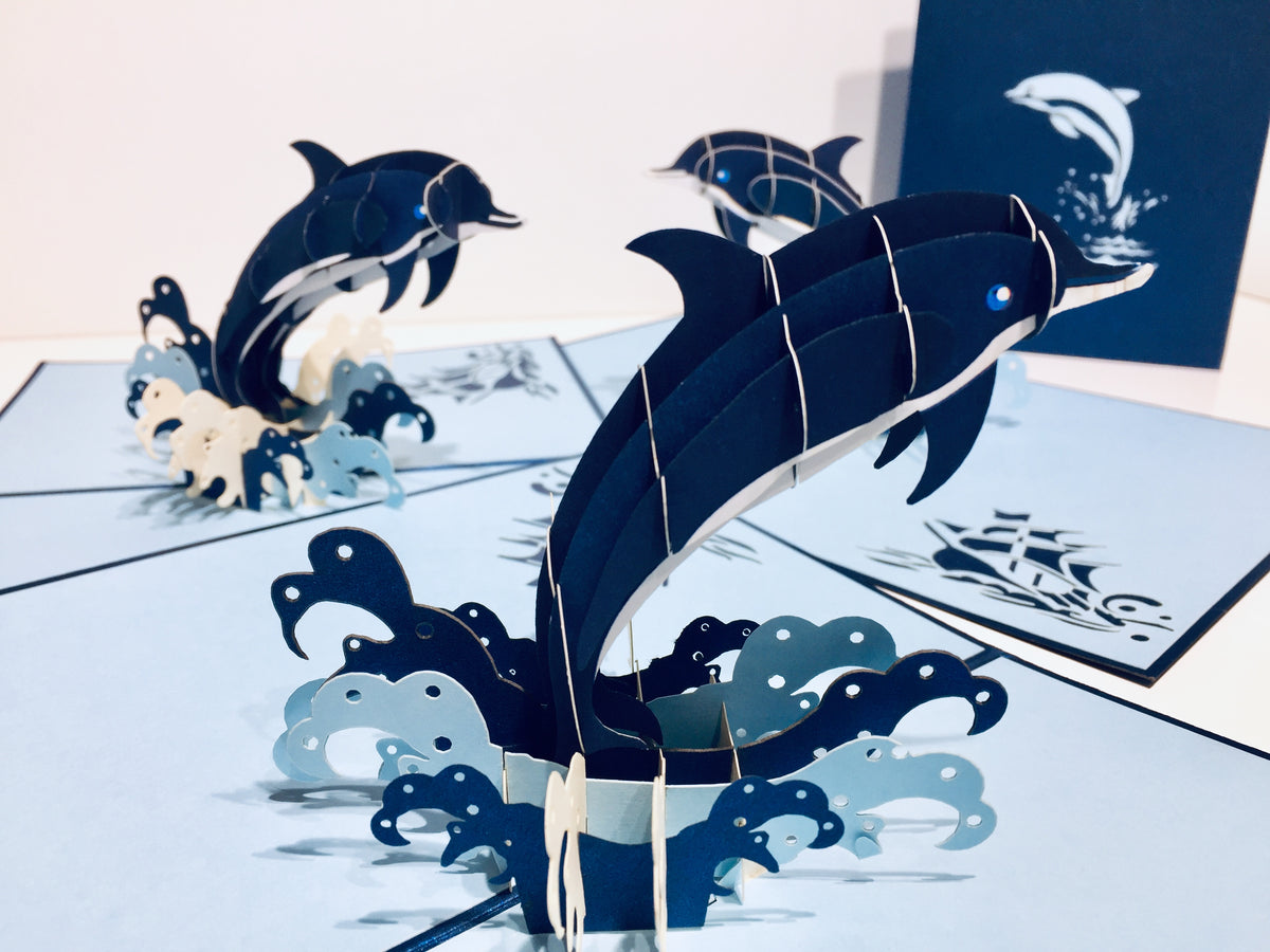 Baby Dolphin in Metallic Navy Blue Origami Pop Cards 3D Pop Up Greeting Card Happy Birthday Thank You Handmade Gift Thinking of You Blank Card for Any Occasion Happy Mother's Day Happy Father's Australiana Celebrate the Beauty of Flower