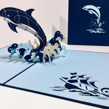 Baby Dolphin in Metallic Navy Blue Origami Pop Cards 3D Pop Up Greeting Card Happy Birthday Thank You Handmade Gift Thinking of You Blank Card for Any Occasion Happy Mother's Day Happy Father's Australiana Celebrate the Beauty of Flower