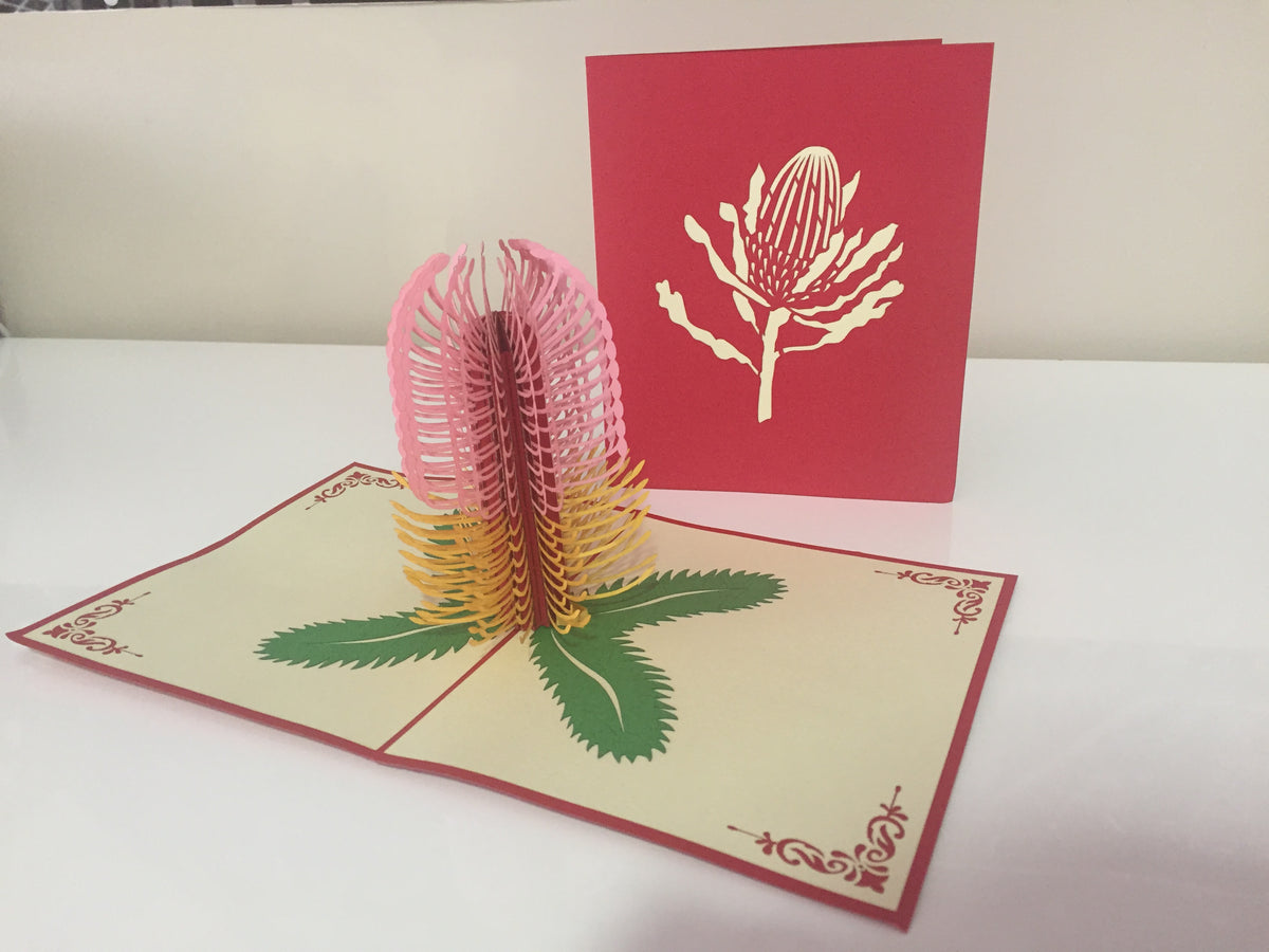 Banksia - Australian Native Flower in Pink Created by Origami Pop Cards – 3D Pop Up Greeting Cards, Australian Design & Handmade, 3D Pop Up Magical Paper Cards Handmade Pop Up Cards Celebrate Anniversary Memorable