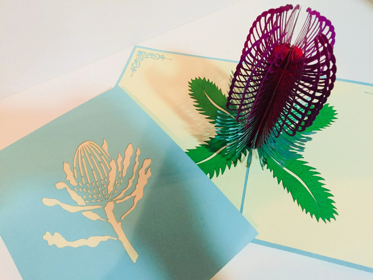Banksia - Australian Native Flower in Turquoise & Purple Created by Origami Pop Cards – 3D Pop Up Greeting Cards, Australian Design & Handmade, 3D Pop Up Magical Paper Cards Handmade Pop Up Cards Celebrate Anniversary Memorable