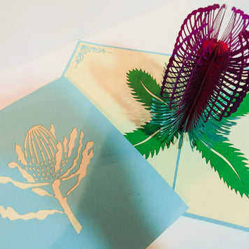Banksia - Australian Native Flower in Turquoise & Purple Created by Origami Pop Cards – 3D Pop Up Greeting Cards, Australian Design & Handmade, 3D Pop Up Magical Paper Cards Handmade Pop Up Cards Celebrate Anniversary Memorable