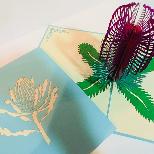 Banksia - Australian Native Flower in Turquoise & Purple Created by Origami Pop Cards – 3D Pop Up Greeting Cards, Australian Design & Handmade, 3D Pop Up Magical Paper Cards Handmade Pop Up Cards Celebrate Anniversary Memorable