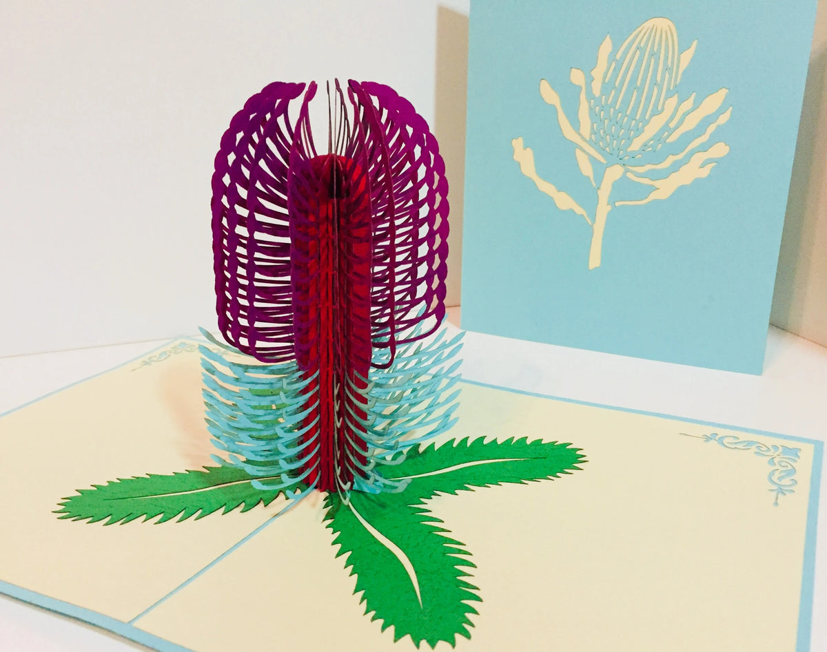 Banksia - Australian Native Flower in Turquoise & Purple Created by Origami Pop Cards – 3D Pop Up Greeting Cards, Australian Design & Handmade, 3D Pop Up Magical Paper Cards Handmade Pop Up Cards Celebrate Anniversary Memorable