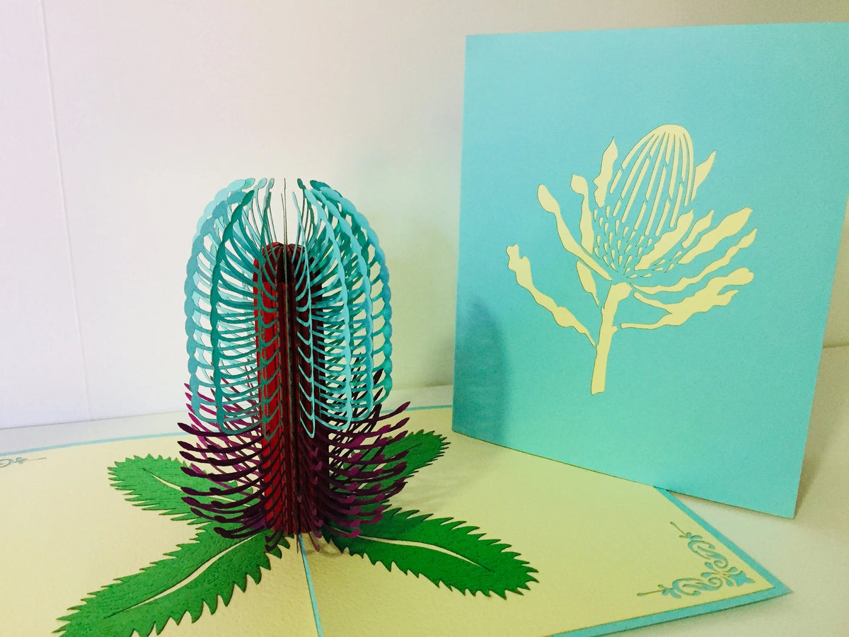 Banksia - Australian Native Flower in Turquoise & Purple Created by Origami Pop Cards – 3D Pop Up Greeting Cards, Australian Design & Handmade, 3D Pop Up Magical Paper Cards Handmade Pop Up Cards Celebrate Anniversary Memorable