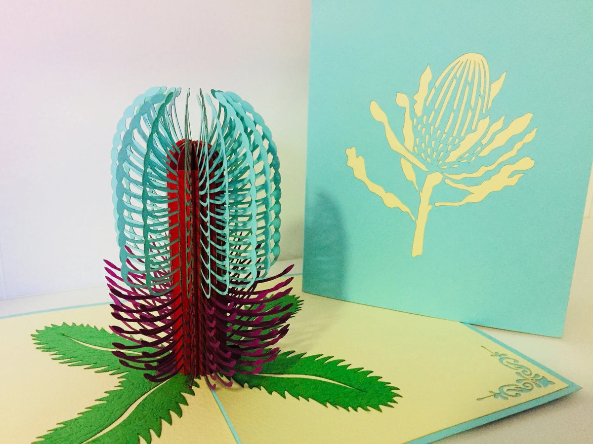 Banksia - Australian Native Flower in Turquoise & Purple Created by Origami Pop Cards – 3D Pop Up Greeting Cards, Australian Design & Handmade, 3D Pop Up Magical Paper Cards Handmade Pop Up Cards Celebrate Anniversary Memorable