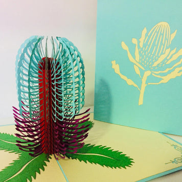 Banksia - Australian Native Flower in Turquoise & Purple Created by Origami Pop Cards – 3D Pop Up Greeting Cards, Australian Design & Handmade, 3D Pop Up Magical Paper Cards Handmade Pop Up Cards Celebrate Anniversary Memorable