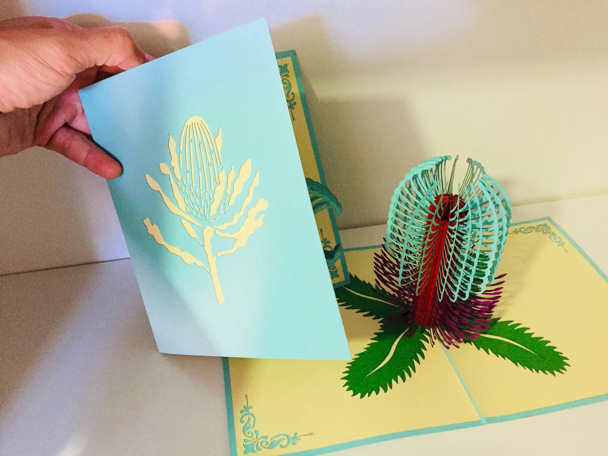 Banksia - Australian Native Flower in Turquoise & Purple Created by Origami Pop Cards – 3D Pop Up Greeting Cards, Australian Design & Handmade, 3D Pop Up Magical Paper Cards Handmade Pop Up Cards Celebrate Anniversary Memorable