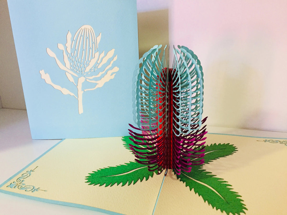 Banksia - Australian Native Flower in Turquoise & Purple Created by Origami Pop Cards – 3D Pop Up Greeting Cards, Australian Design & Handmade, 3D Pop Up Magical Paper Cards Handmade Pop Up Cards Celebrate Anniversary Memorable