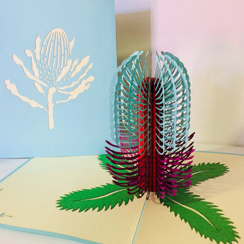 Banksia - Australian Native Flower in Turquoise & Purple Created by Origami Pop Cards – 3D Pop Up Greeting Cards, Australian Design & Handmade, 3D Pop Up Magical Paper Cards Handmade Pop Up Cards Celebrate Anniversary Memorable