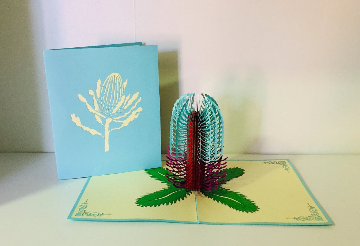 Banksia - Australian Native Flower in Turquoise & Purple Created by Origami Pop Cards – 3D Pop Up Greeting Cards, Australian Design & Handmade, 3D Pop Up Magical Paper Cards Handmade Pop Up Cards Celebrate Anniversary Memorable