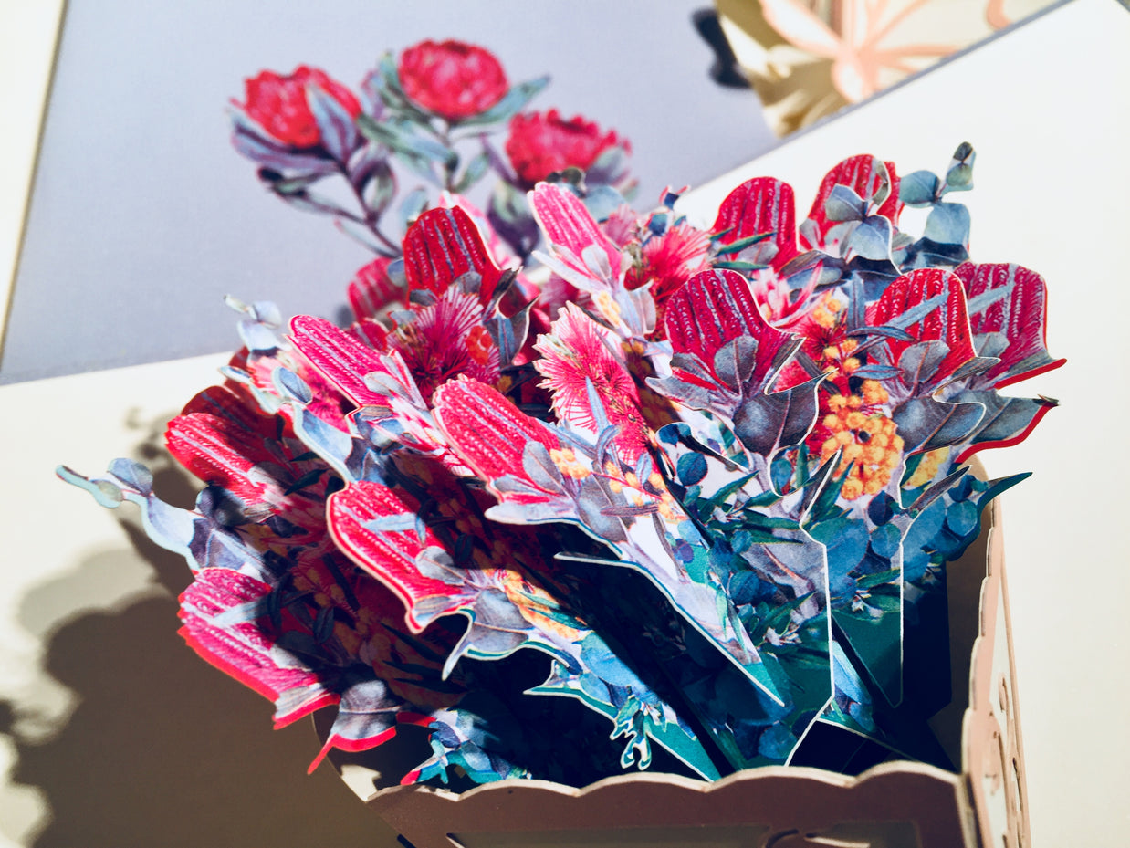 Banksia Bouquet Wrapped in Pink Ribbon Origami Pop Cards 3D Pop Up Greeting Card Happy Birthday Thank You Handmade Gift Thinking of You Blank Card for Any Occasion Happy Mother's Day Happy Valentine's Australiana Celebrate the Beauty and Romantic