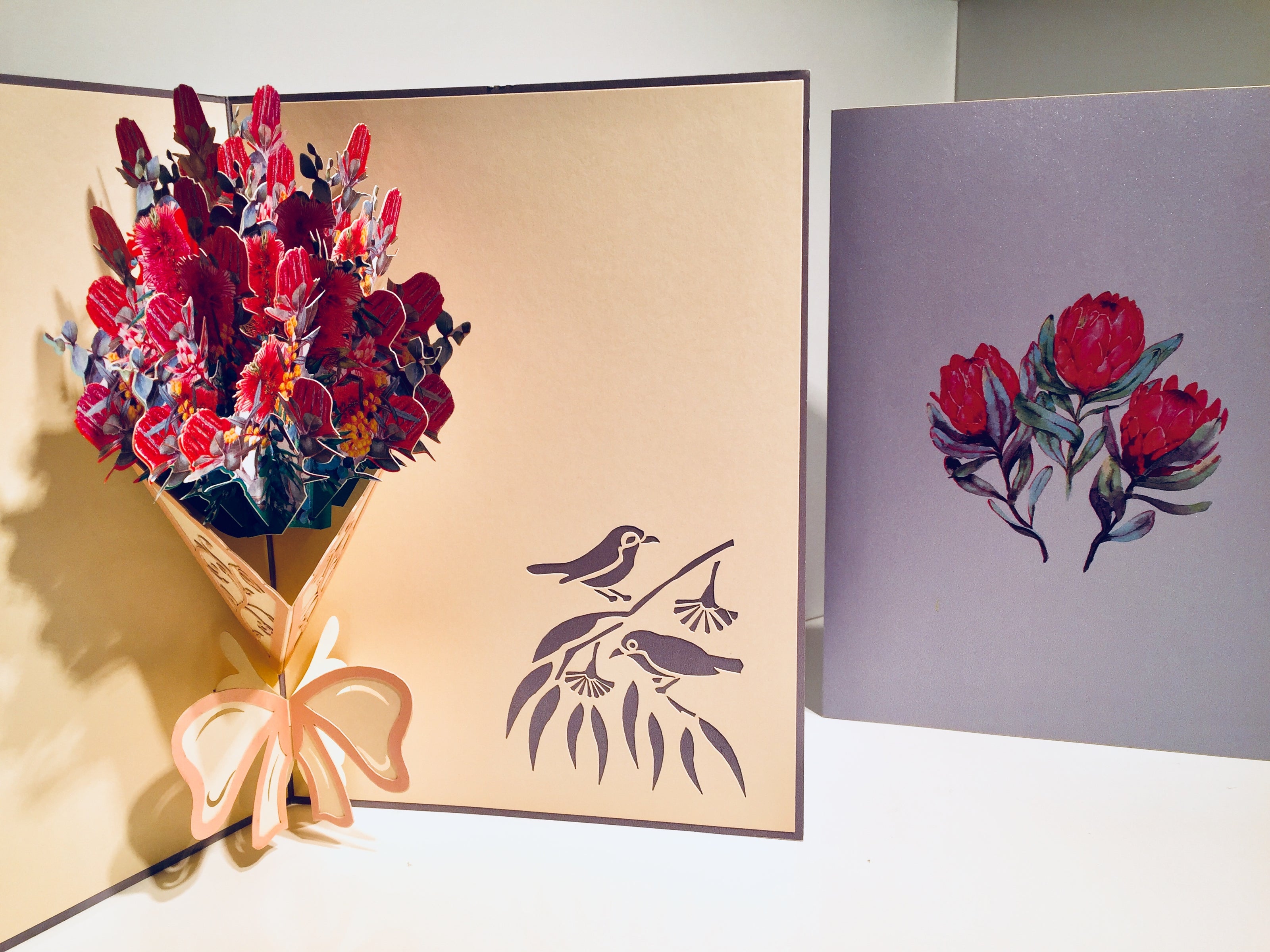 Banksia Bouquet Wrapped in Pink Ribbon Origami Pop Cards 3D Pop Up Greeting Card Happy Birthday Thank You Handmade Gift Thinking of You Blank Card for Any Occasion Happy Mother's Day Happy Valentine's Australiana Celebrate the Beauty and Romantic