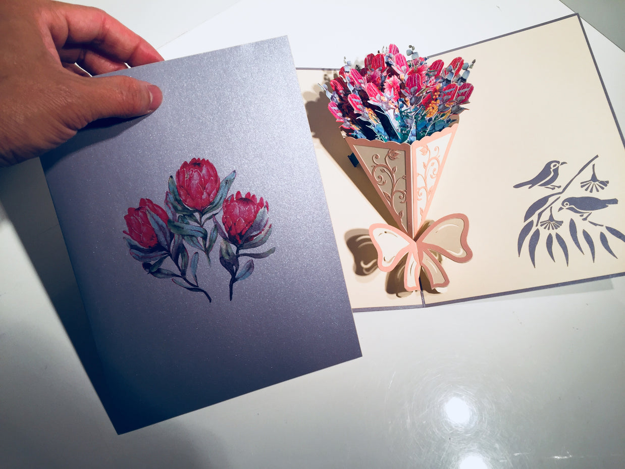 Banksia Bouquet Wrapped in Pink Ribbon Origami Pop Cards 3D Pop Up Greeting Card Happy Birthday Thank You Handmade Gift Thinking of You Blank Card for Any Occasion Happy Mother's Day Happy Valentine's Australiana Celebrate the Beauty and Romantic