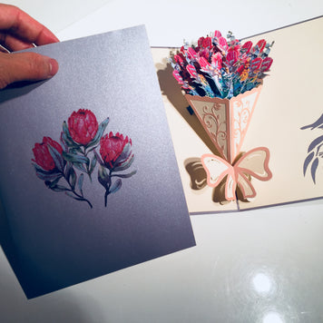 Banksia Bouquet Wrapped in Pink Ribbon Origami Pop Cards 3D Pop Up Greeting Card Happy Birthday Thank You Handmade Gift Thinking of You Blank Card for Any Occasion Happy Mother's Day Happy Valentine's Australiana Celebrate the Beauty and Romantic