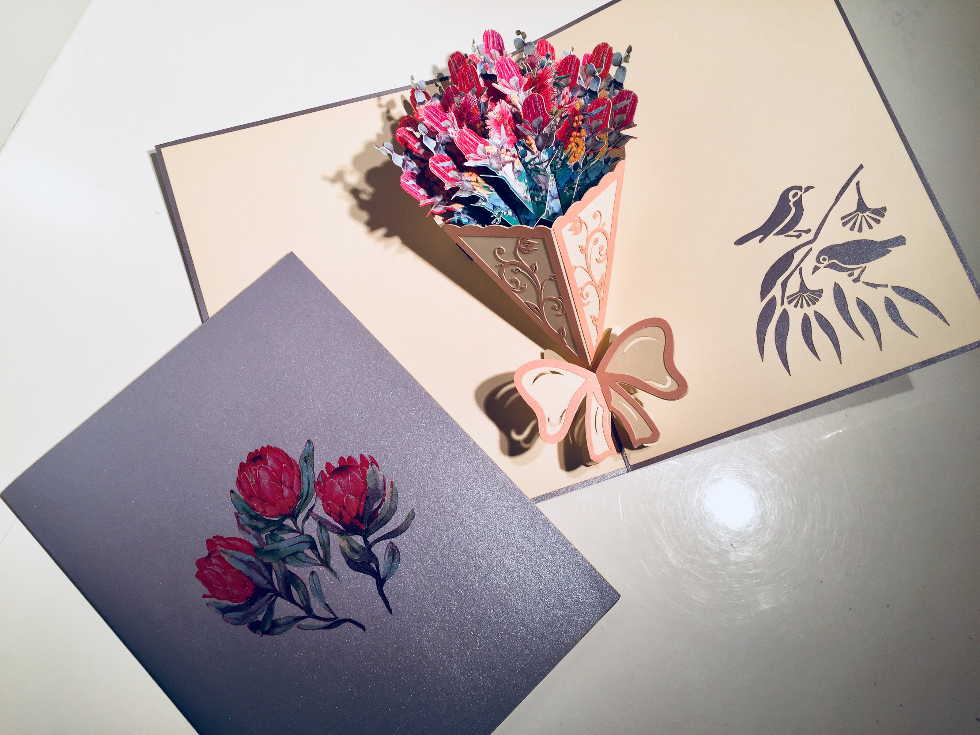 Banksia Bouquet Wrapped in Pink Ribbon Origami Pop Cards 3D Pop Up Greeting Card Happy Birthday Thank You Handmade Gift Thinking of You Blank Card for Any Occasion Happy Mother's Day Happy Valentine's Australiana Celebrate the Beauty and Romantic