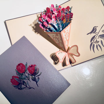 Banksia Bouquet Wrapped in Pink Ribbon Origami Pop Cards 3D Pop Up Greeting Card Happy Birthday Thank You Handmade Gift Thinking of You Blank Card for Any Occasion Happy Mother's Day Happy Valentine's Australiana Celebrate the Beauty and Romantic