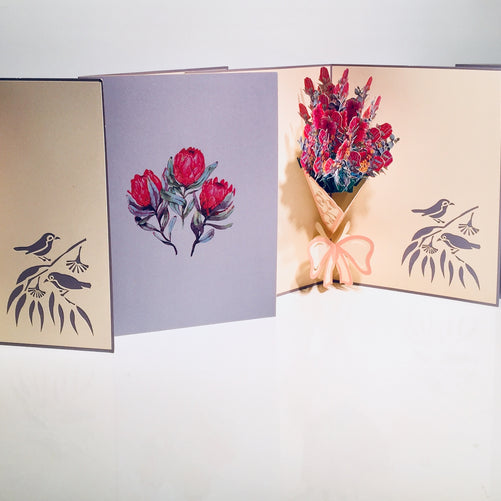 Banksia Bouquet Wrapped in Pink Ribbon Origami Pop Cards 3D Pop Up Greeting Card Happy Birthday Thank You Handmade Gift Thinking of You Blank Card for Any Occasion Happy Mother's Day Happy Valentine's Australiana Celebrate the Beauty and Romantic