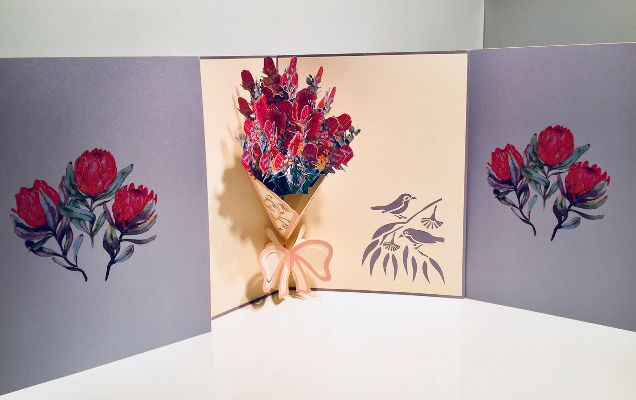 Banksia Bouquet Wrapped in Pink Ribbon Origami Pop Cards 3D Pop Up Greeting Card Happy Birthday Thank You Handmade Gift Thinking of You Blank Card for Any Occasion Happy Mother's Day Happy Valentine's Australiana Celebrate the Beauty and Romantic