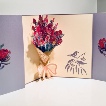Banksia Bouquet Wrapped in Pink Ribbon Origami Pop Cards 3D Pop Up Greeting Card Happy Birthday Thank You Handmade Gift Thinking of You Blank Card for Any Occasion Happy Mother's Day Happy Valentine's Australiana Celebrate the Beauty and Romantic