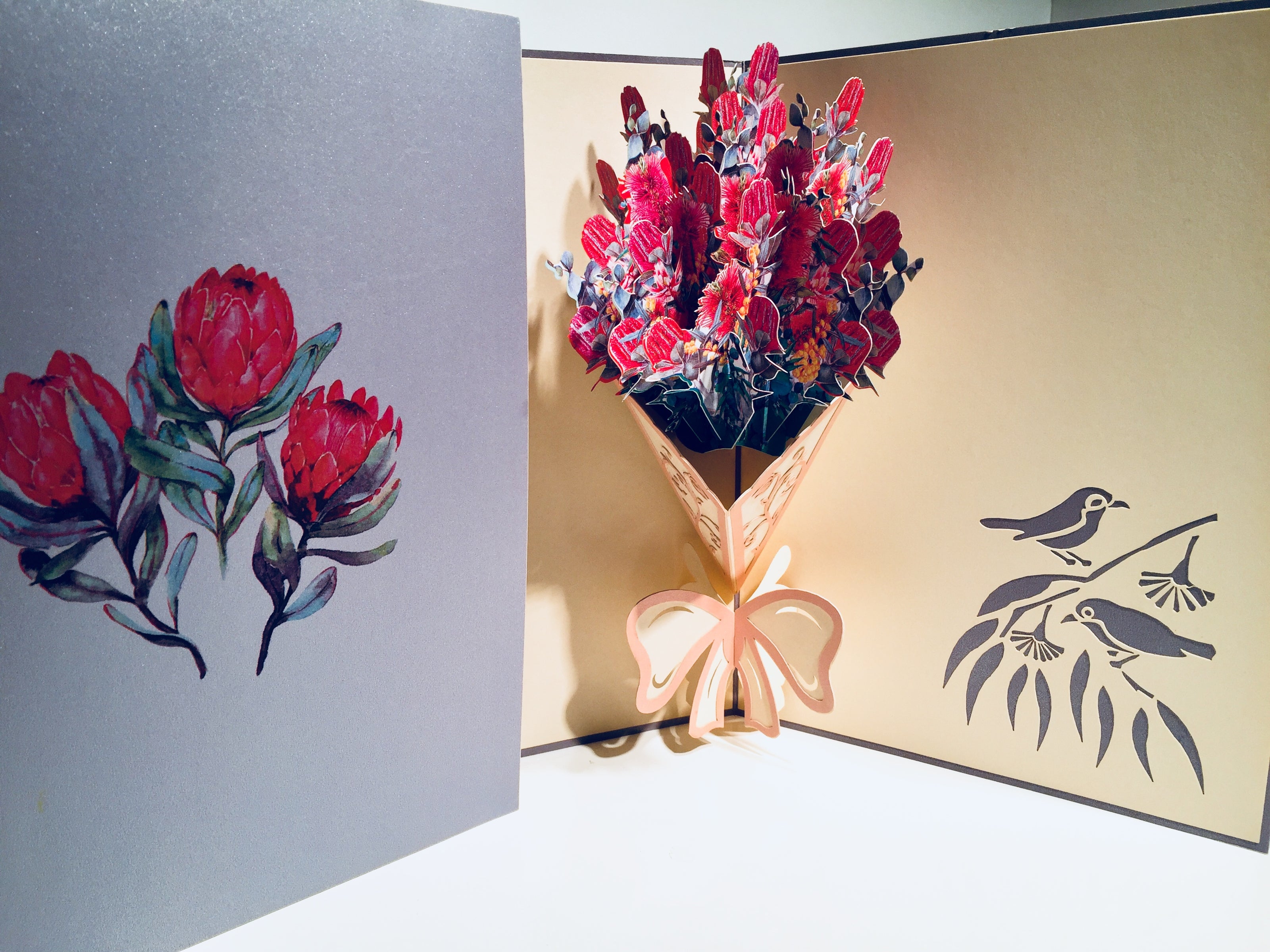 Banksia Bouquet Wrapped in Pink Ribbon Origami Pop Cards 3D Pop Up Greeting Card Happy Birthday Thank You Handmade Gift Thinking of You Blank Card for Any Occasion Happy Mother's Day Happy Valentine's Australiana Celebrate the Beauty and Romantic