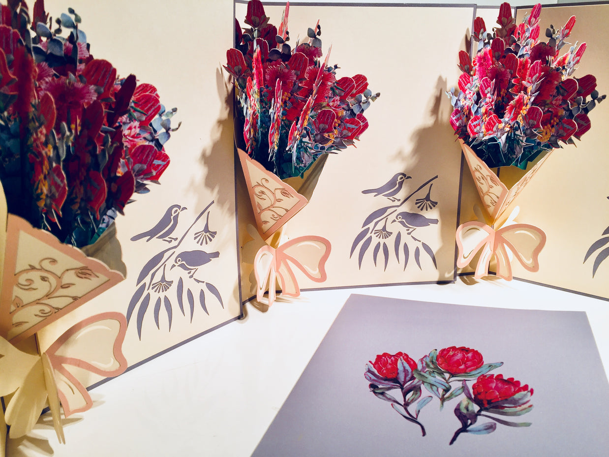 Banksia Bouquet Wrapped in Pink Ribbon Origami Pop Cards 3D Pop Up Greeting Card Happy Birthday Thank You Handmade Gift Thinking of You Blank Card for Any Occasion Happy Mother's Day Happy Valentine's Australiana Celebrate the Beauty and Romantic