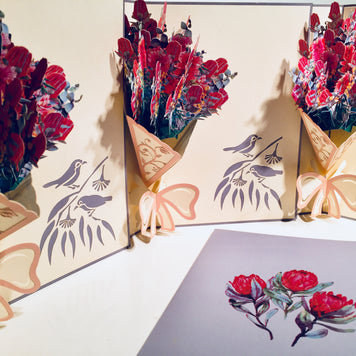 Banksia Bouquet Wrapped in Pink Ribbon Origami Pop Cards 3D Pop Up Greeting Card Happy Birthday Thank You Handmade Gift Thinking of You Blank Card for Any Occasion Happy Mother's Day Happy Valentine's Australiana Celebrate the Beauty and Romantic
