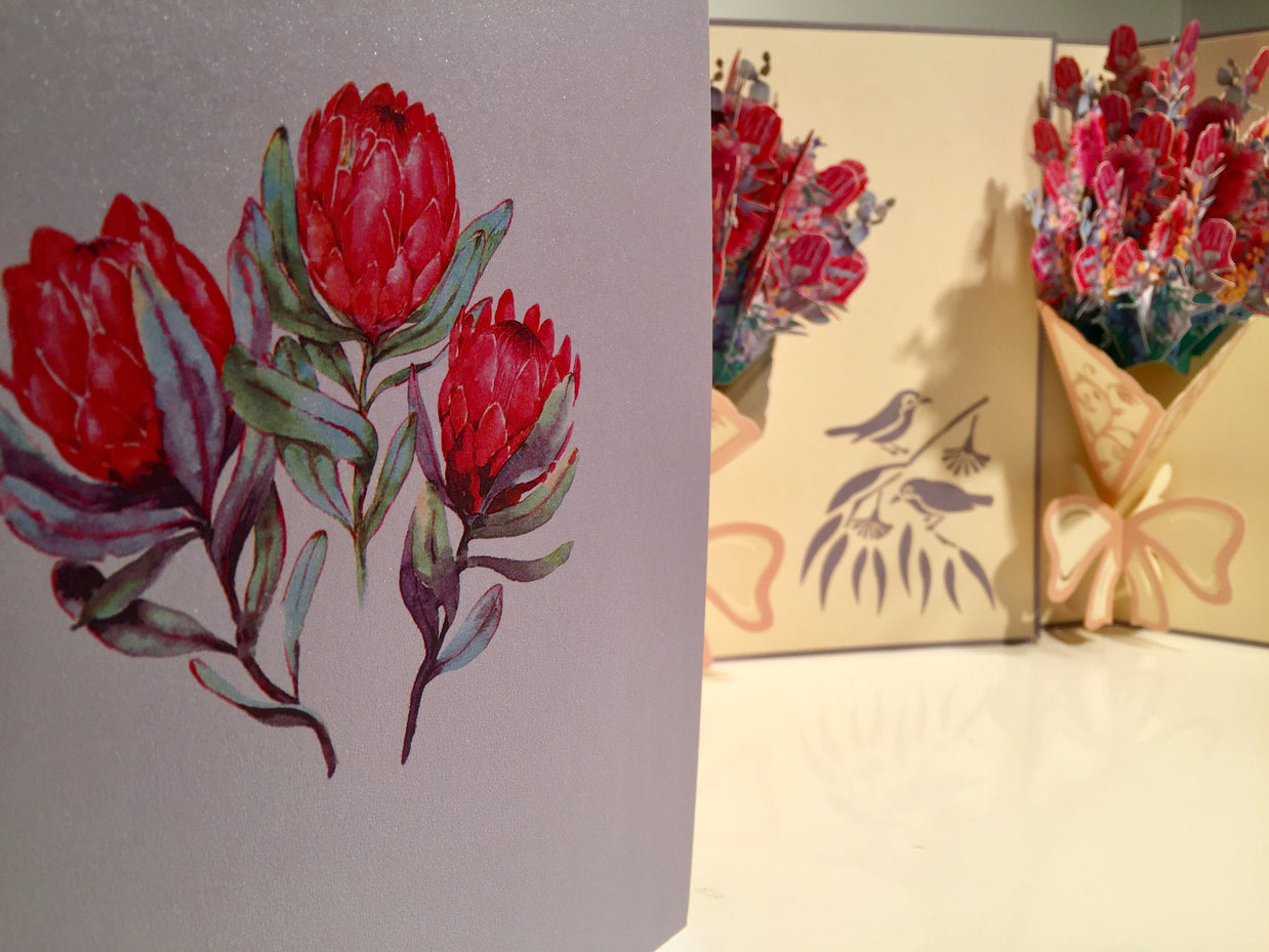 Banksia Bouquet Wrapped in Pink Ribbon Origami Pop Cards 3D Pop Up Greeting Card Happy Birthday Thank You Handmade Gift Thinking of You Blank Card for Any Occasion Happy Mother's Day Happy Valentine's Australiana Celebrate the Beauty and Romantic