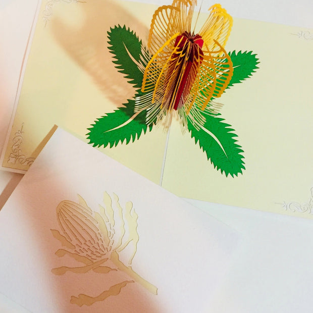 Banksia Card- Australian Native Flower in White & Yellow Created by Origami Pop Cards – 3D Pop Up Greeting Cards, Australian Design & Handmade, 3D Pop Up Magical Paper Cards Handmade Pop Up Cards Celebrate Anniversary Memorable