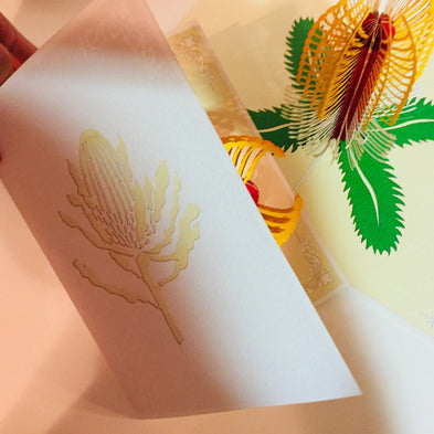 Banksia Card- Australian Native Flower in White & Yellow Created by Origami Pop Cards – 3D Pop Up Greeting Cards, Australian Design & Handmade, 3D Pop Up Magical Paper Cards Handmade Pop Up Cards Celebrate Anniversary Memorable