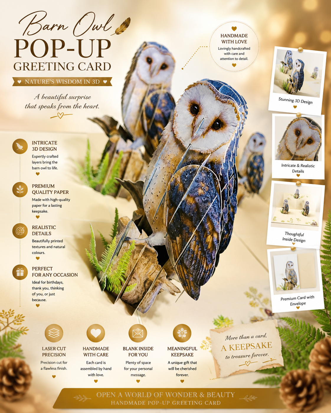 Barn Owl Bird Origami Pop Cards 3D Pop Up Greeting Card Happy Birthday Thank You Handmade Gift Thinking of You Blank Card for Any Occasion Happy Mother's Day Happy Father's Australiana Birds