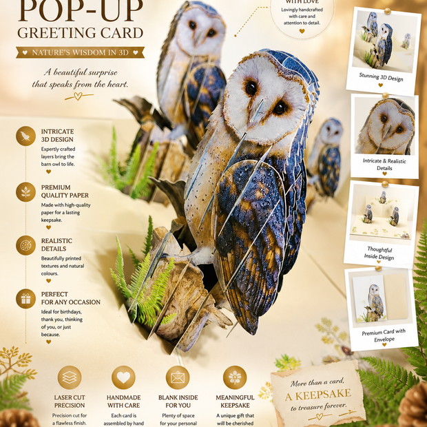 Barn Owl Bird Origami Pop Cards 3D Pop Up Greeting Card Happy Birthday Thank You Handmade Gift Thinking of You Blank Card for Any Occasion Happy Mother's Day Happy Father's Australiana Birds
