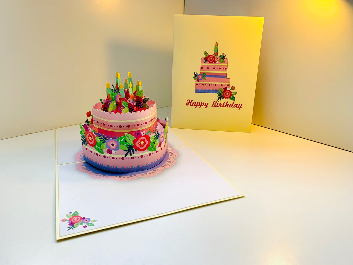 Birthday Cake with Pink & Purple Flowers - Cream Cover Origami Pop Cards 3D Pop Up Greeting Card Thank You Handmade Gift Thinking of You Happy Birthday Occasion Australiana Celebrate the Beauty and Happiness During Special Day Best Wishes Gift