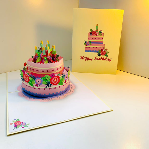 Birthday Cake with Pink & Purple Flowers - Cream Cover Origami Pop Cards 3D Pop Up Greeting Card Thank You Handmade Gift Thinking of You Happy Birthday Occasion Australiana Celebrate the Beauty and Happiness During Special Day Best Wishes Gift