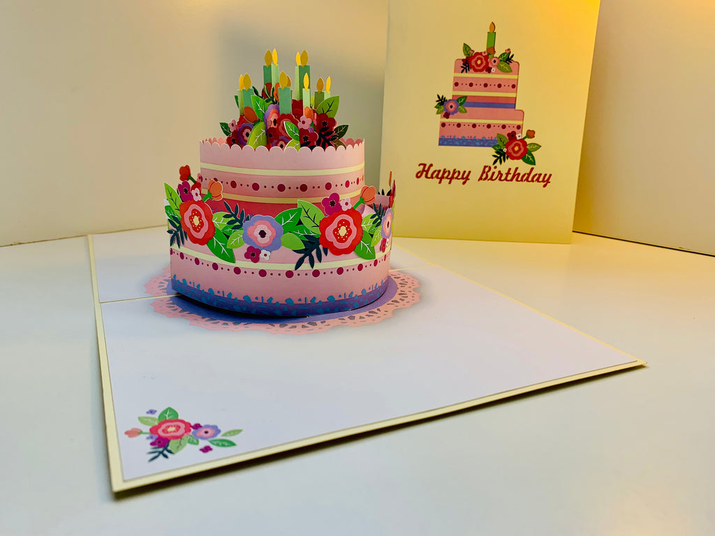 Birthday Cake with Pink & Purple Flowers - Cream Cover Origami Pop Cards 3D Pop Up Greeting Card Thank You Handmade Gift Thinking of You Happy Birthday Occasion Australiana Celebrate the Beauty and Happiness During Special Day Best Wishes Gift
