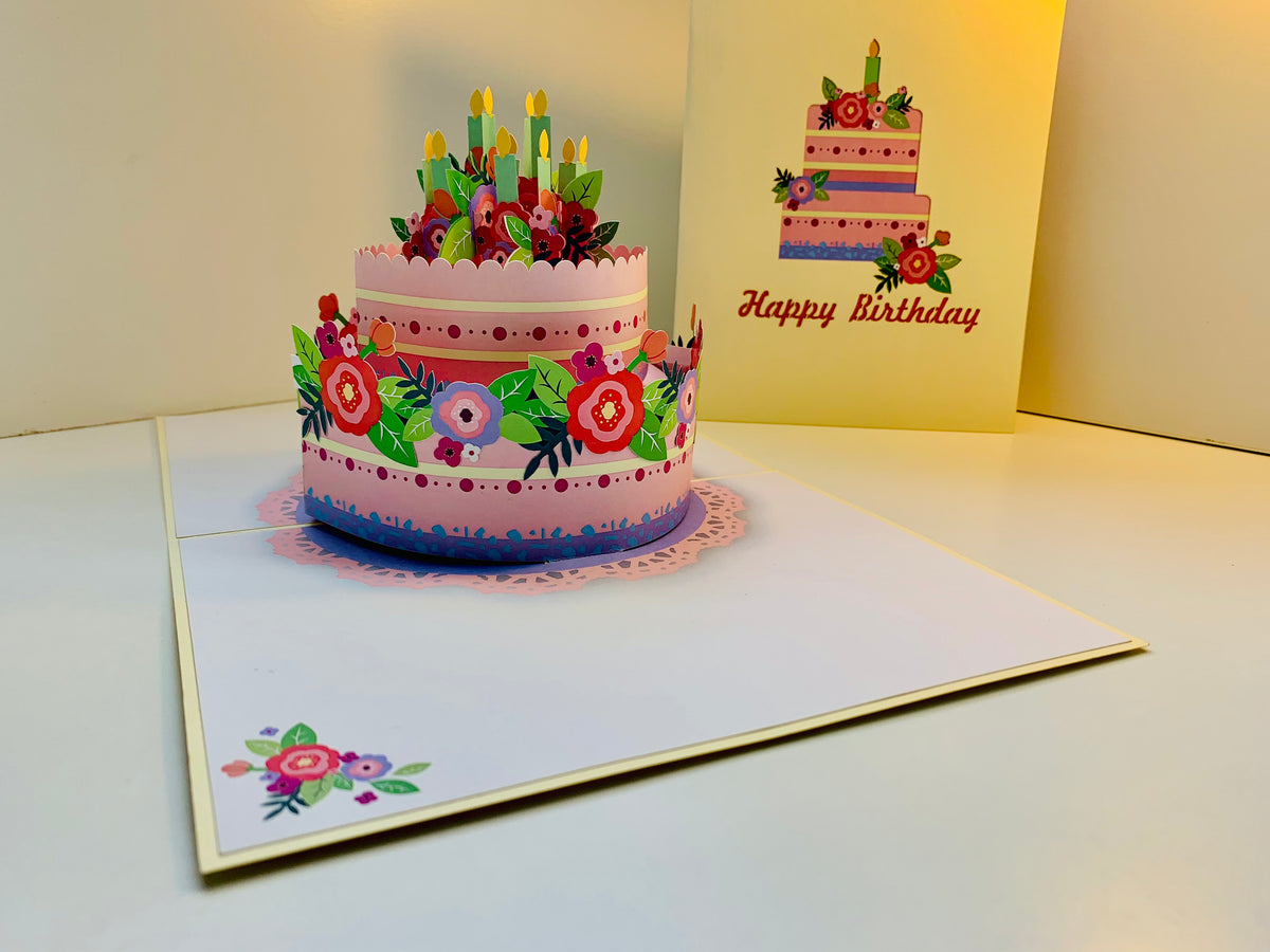 Birthday Cake with Pink & Purple Flowers - Cream Cover Origami Pop Cards 3D Pop Up Greeting Card Thank You Handmade Gift Thinking of You Happy Birthday Occasion Australiana Celebrate the Beauty and Happiness During Special Day Best Wishes Gift
