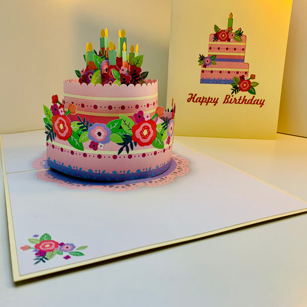 Birthday Cake with Pink & Purple Flowers - Cream Cover Origami Pop Cards 3D Pop Up Greeting Card Thank You Handmade Gift Thinking of You Happy Birthday Occasion Australiana Celebrate the Beauty and Happiness During Special Day Best Wishes Gift