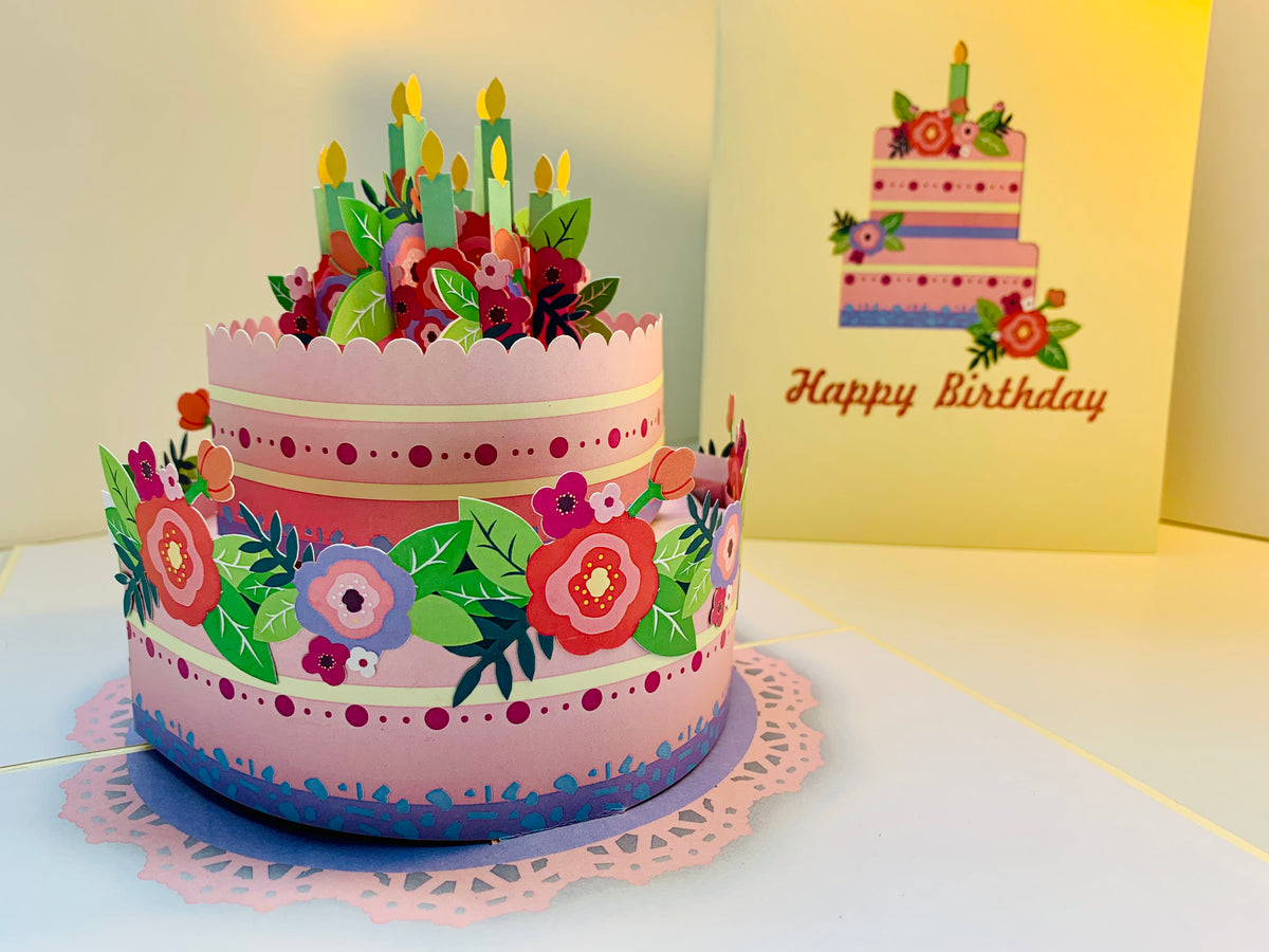 Birthday Cake with Pink & Purple Flowers - Cream Cover Origami Pop Cards 3D Pop Up Greeting Card Thank You Handmade Gift Thinking of You Happy Birthday Occasion Australiana Celebrate the Beauty and Happiness During Special Day Best Wishes Gift