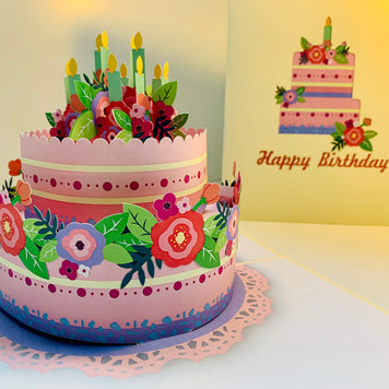 Birthday Cake with Pink & Purple Flowers - Cream Cover Origami Pop Cards 3D Pop Up Greeting Card Thank You Handmade Gift Thinking of You Happy Birthday Occasion Australiana Celebrate the Beauty and Happiness During Special Day Best Wishes Gift