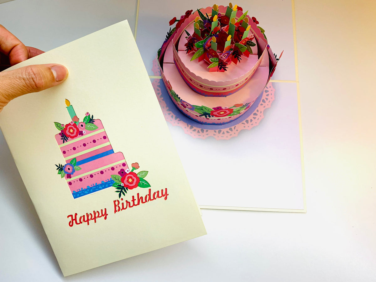 Birthday Cake with Pink & Purple Flowers - Cream Cover Origami Pop Cards 3D Pop Up Greeting Card Thank You Handmade Gift Thinking of You Happy Birthday Occasion Australiana Celebrate the Beauty and Happiness During Special Day Best Wishes Gift