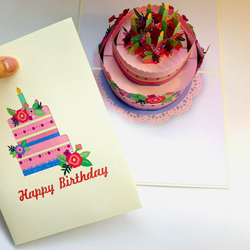 Birthday Cake with Pink & Purple Flowers - Cream Cover Origami Pop Cards 3D Pop Up Greeting Card Thank You Handmade Gift Thinking of You Happy Birthday Occasion Australiana Celebrate the Beauty and Happiness During Special Day Best Wishes Gift
