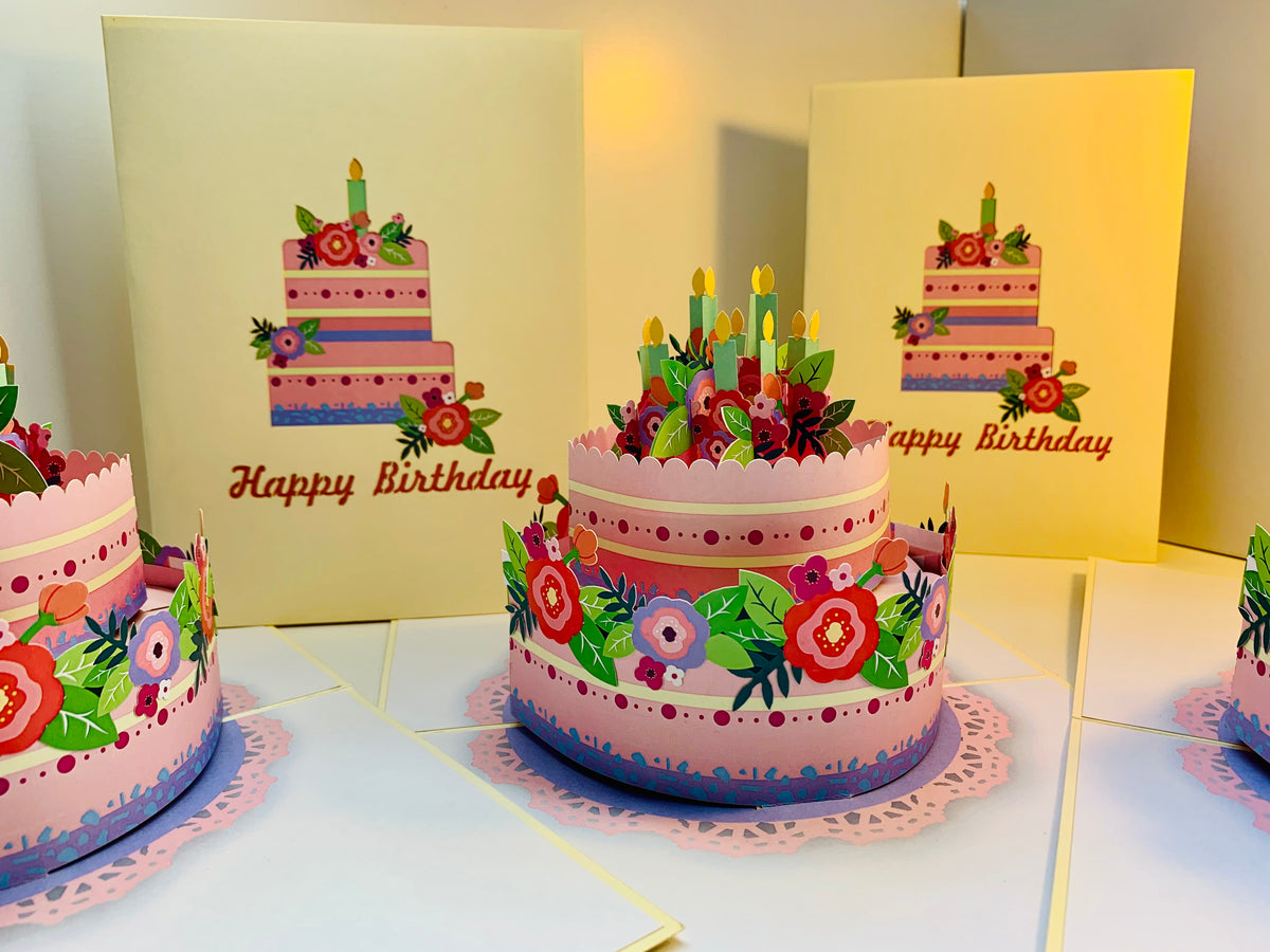 Birthday Cake with Pink & Purple Flowers - Cream Cover Origami Pop Cards 3D Pop Up Greeting Card Thank You Handmade Gift Thinking of You Happy Birthday Occasion Australiana Celebrate the Beauty and Happiness During Special Day Best Wishes Gift