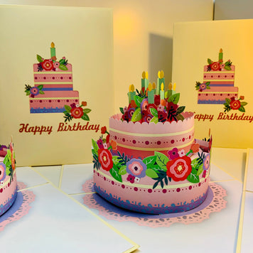 Birthday Cake with Pink & Purple Flowers - Cream Cover Origami Pop Cards 3D Pop Up Greeting Card Thank You Handmade Gift Thinking of You Happy Birthday Occasion Australiana Celebrate the Beauty and Happiness During Special Day Best Wishes Gift