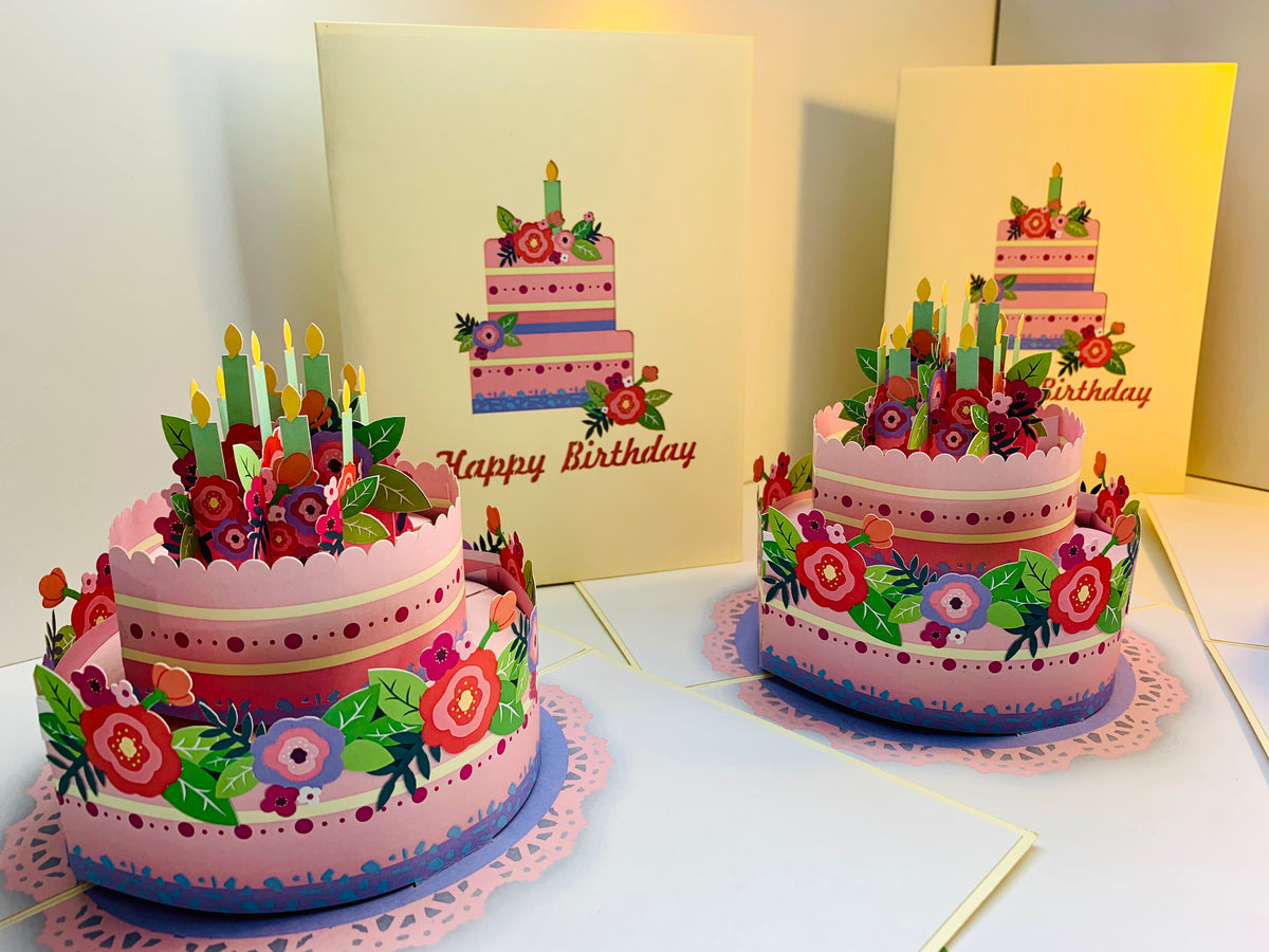 Birthday Cake with Pink & Purple Flowers - Cream Cover Origami Pop Cards 3D Pop Up Greeting Card Thank You Handmade Gift Thinking of You Happy Birthday Occasion Australiana Celebrate the Beauty and Happiness During Special Day Best Wishes Gift