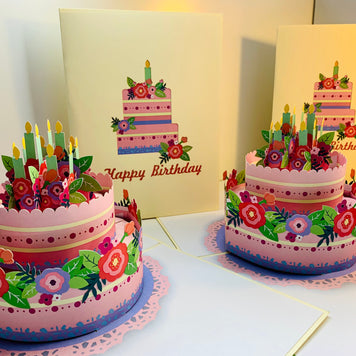 Birthday Cake with Pink & Purple Flowers - Cream Cover Origami Pop Cards 3D Pop Up Greeting Card Thank You Handmade Gift Thinking of You Happy Birthday Occasion Australiana Celebrate the Beauty and Happiness During Special Day Best Wishes Gift