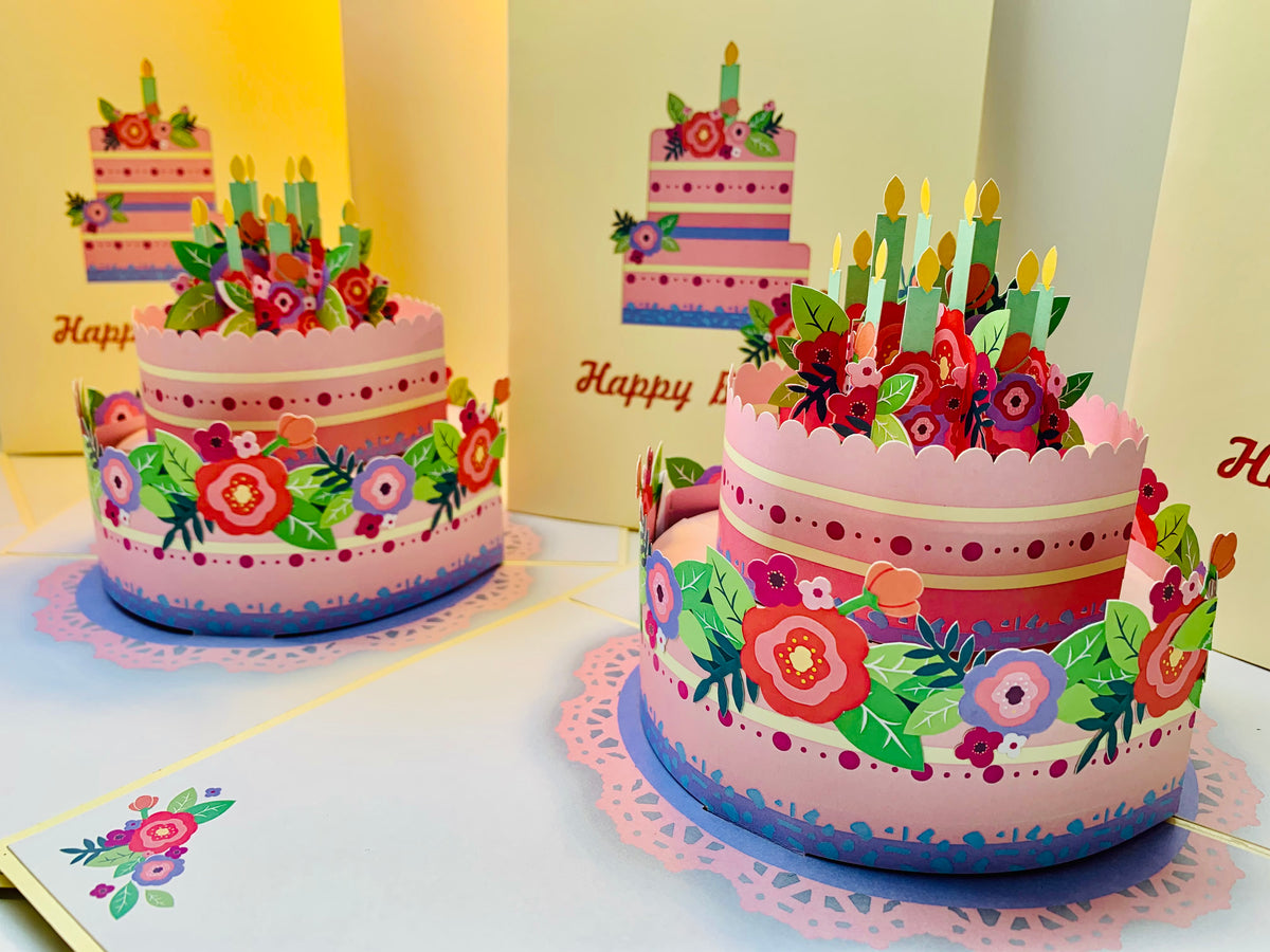 Birthday Cake with Pink & Purple Flowers - Cream Cover Origami Pop Cards 3D Pop Up Greeting Card Thank You Handmade Gift Thinking of You Happy Birthday Occasion Australiana Celebrate the Beauty and Happiness During Special Day Best Wishes Gift