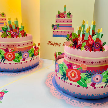 Birthday Cake with Pink & Purple Flowers - Cream Cover Origami Pop Cards 3D Pop Up Greeting Card Thank You Handmade Gift Thinking of You Happy Birthday Occasion Australiana Celebrate the Beauty and Happiness During Special Day Best Wishes Gift