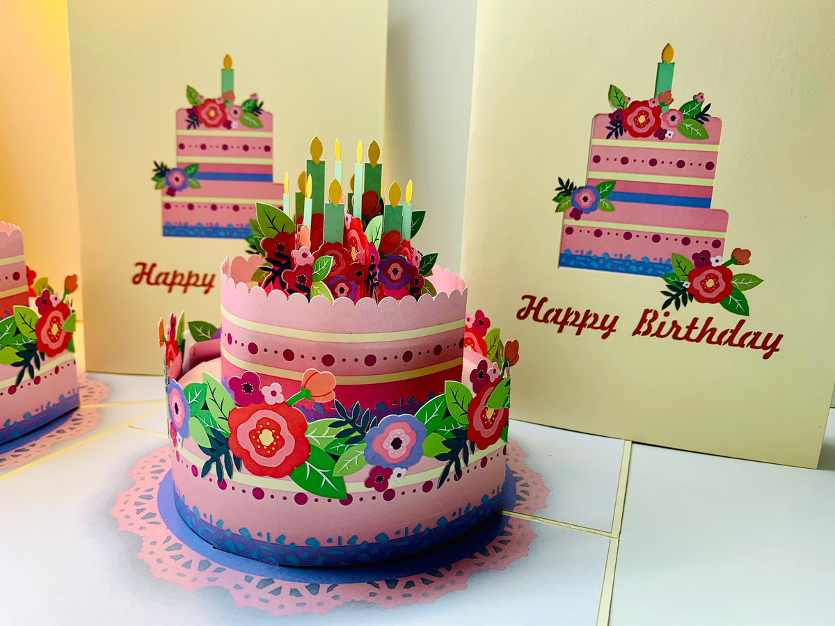 Birthday Cake with Pink & Purple Flowers - Cream Cover Origami Pop Cards 3D Pop Up Greeting Card Thank You Handmade Gift Thinking of You Happy Birthday Occasion Australiana Celebrate the Beauty and Happiness During Special Day Best Wishes Gift