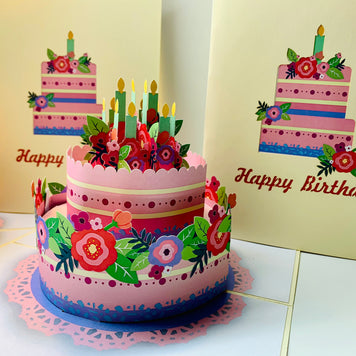 Birthday Cake with Pink & Purple Flowers - Cream Cover Origami Pop Cards 3D Pop Up Greeting Card Thank You Handmade Gift Thinking of You Happy Birthday Occasion Australiana Celebrate the Beauty and Happiness During Special Day Best Wishes Gift