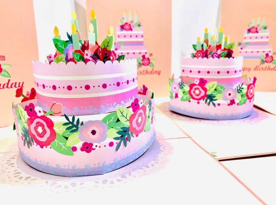 Giant Birthday Cake with Pink & Purple Flowers Origami Pop Cards 3D Pop Up Greeting Card Thank You Handmade Gift Thinking of You Happy Birthday Occasion Australiana Celebrate the Beauty and Happiness During Special Day Best Wishes Gift