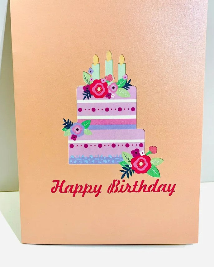 Giant Birthday Cake with Pink & Purple Flowers Origami Pop Cards 3D Pop Up Greeting Card Thank You Handmade Gift Thinking of You Happy Birthday Occasion Australiana Celebrate the Beauty and Happiness During Special Day Best Wishes Gift